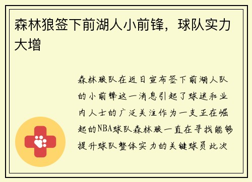 森林狼签下前湖人小前锋，球队实力大增