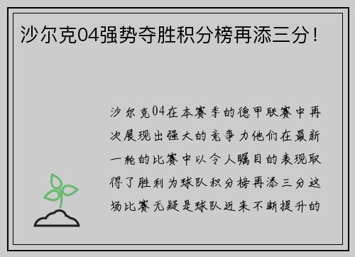 沙尔克04强势夺胜积分榜再添三分！