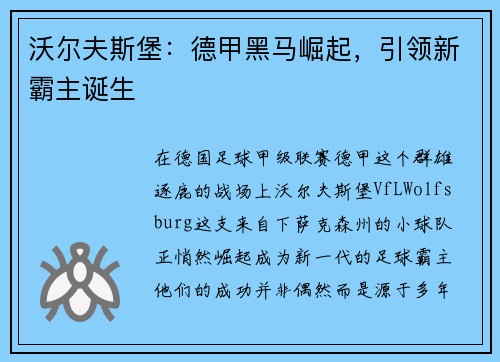沃尔夫斯堡：德甲黑马崛起，引领新霸主诞生