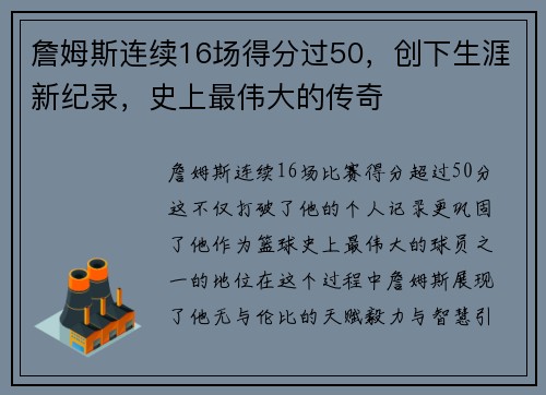 詹姆斯连续16场得分过50，创下生涯新纪录，史上最伟大的传奇