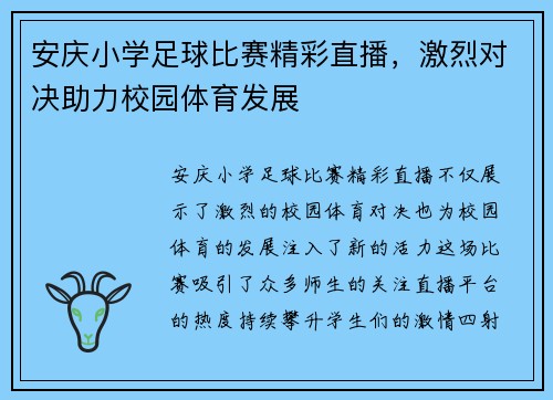 安庆小学足球比赛精彩直播，激烈对决助力校园体育发展
